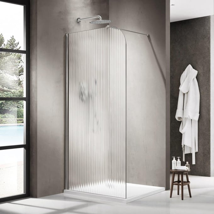 FugaFlow Eccelente Vetro Inloopdouche - 100x200cm - afgeronde glaswand - links - ribbel glas - wandarm - Chroom