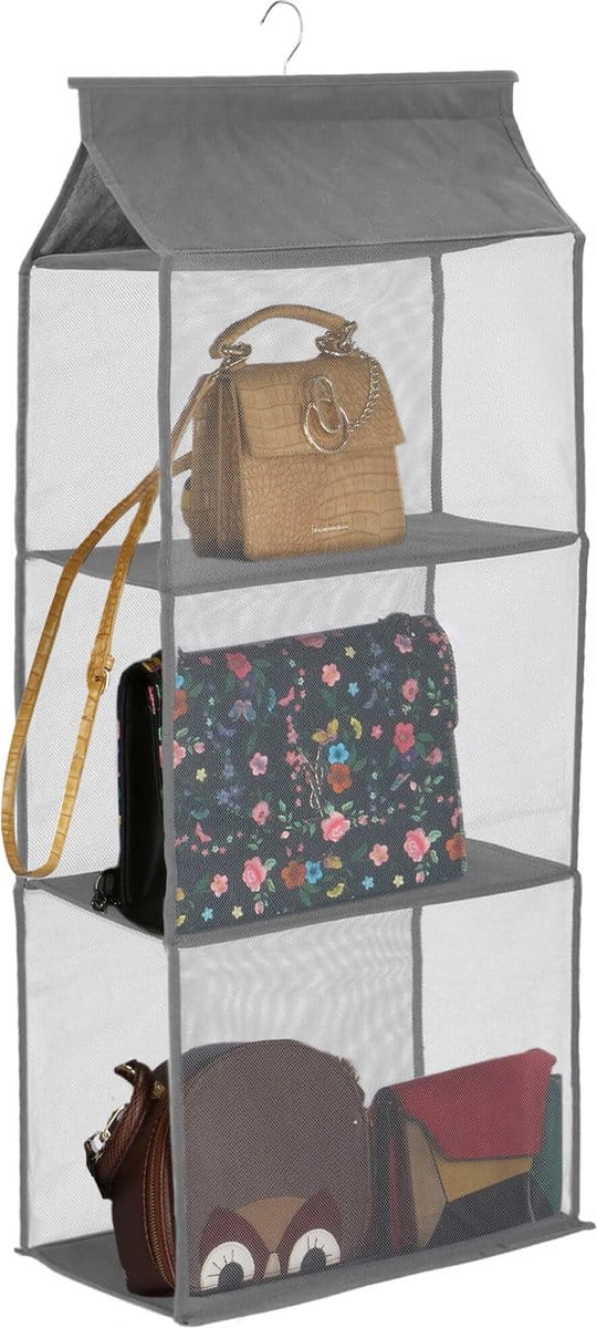 Springos Kast Organizer | Kleding Organizer | Hangende Opberger | 3 planken | Inclusief haak | Grijs