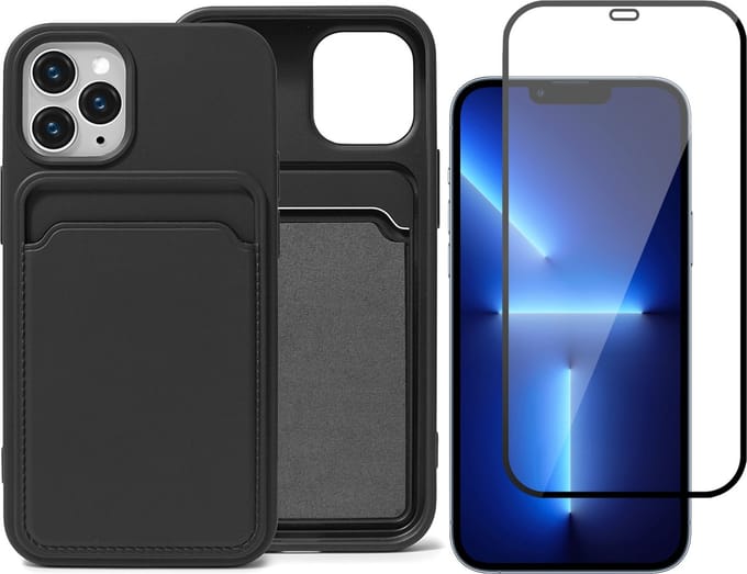 Zwart Pasjeshouder Hoesje geschikt voor Apple iPhone 13 Pro Max - Screenprotector Glas - Case met Pasjeshouder