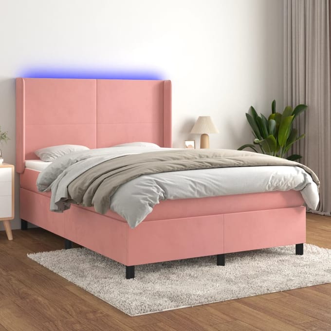 vidaXL - Boxspring - met - matras - en - LED - fluweel - roze - 140x190 - cm