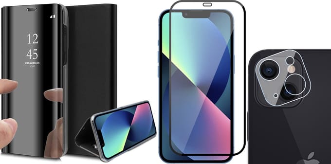 Hoesje geschikt voor iPhone 13 Mini - Spiegel Book Case - Zwart - Met Full Screenprotector en Camera Screen Protector