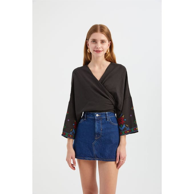 Geborduurde V-Hals Lange Mouwen Boho Blouse