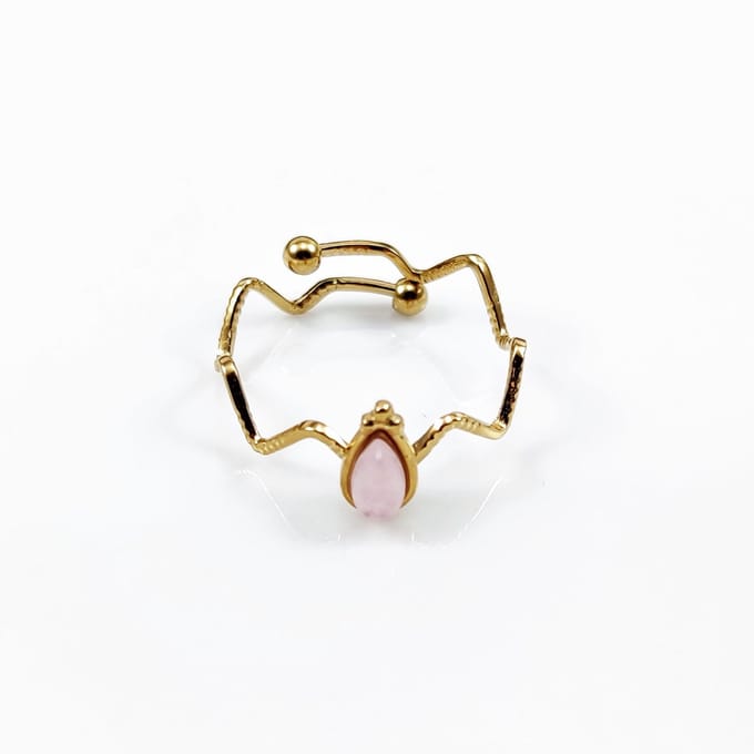 Dottilove - Zig Zag Ring met Roze Natuursteen Dames - RVS Geelgoudkleurig Verguld - One Size