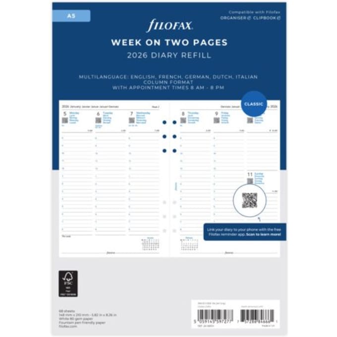 Filofax agendavulling 2026, formaat a5, 1 week per 2 pagina's in kolommen, kleur wit