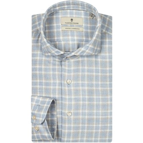 Thomas Maine Overhemd Small Check Modal Wool Blend Roma Modern Kent Lichtblauw-Zand-Wit / male