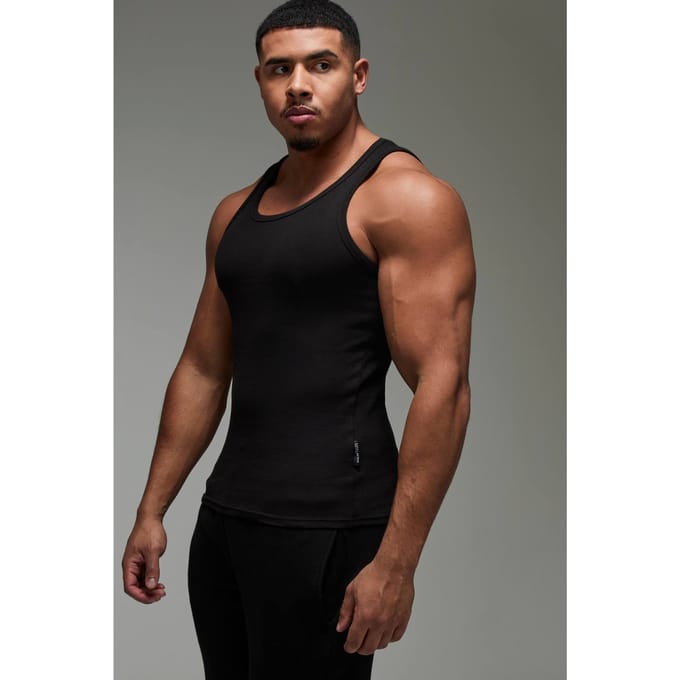 Men's Active Gym Muscle Fit Ribbed Vest | Black | Size Medium
