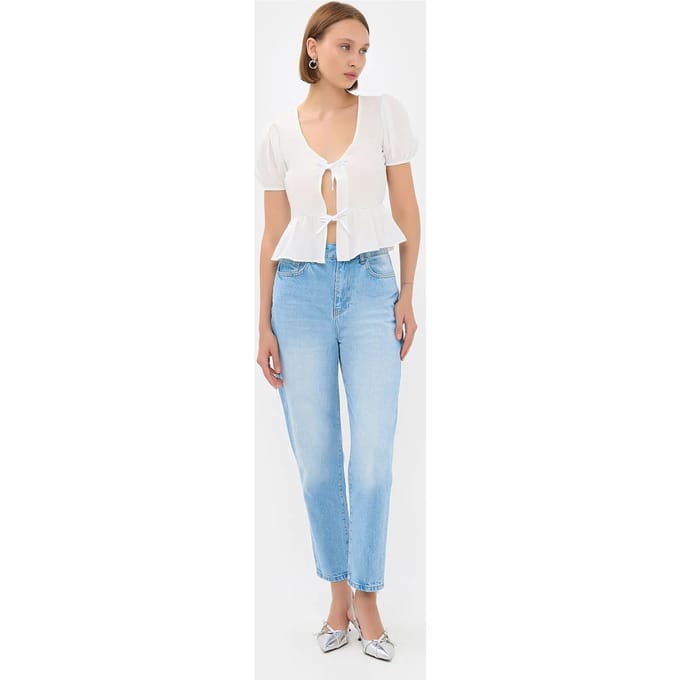 Korte Mouw Knoop-voor V-hals Blouse
