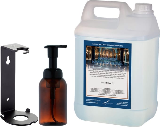 Zeepdispenser 300 ml amber bruin hervulbaar + 5 liter Handzeep Hammam Herbal navulling (inclusief beugel)