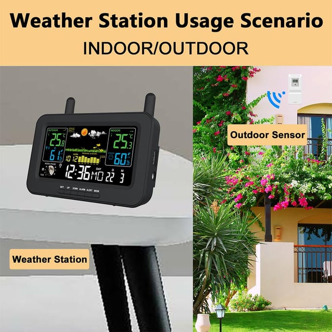 Weerstations Draadloze binnen-buitenthermometers LCD-kleurendisplay Temperatuur-vochtigheid EU Plug