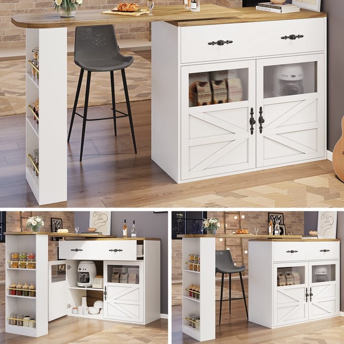 Bartafel - 138-204×39×104 cm - 360° Draaibaar met Opbergrekken - Keukeneiland - Wit