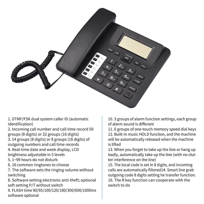 Zwarte vaste telefoon met snoer Bureautelefoon Telefoon DTMF/FSK Dual System Support zwart