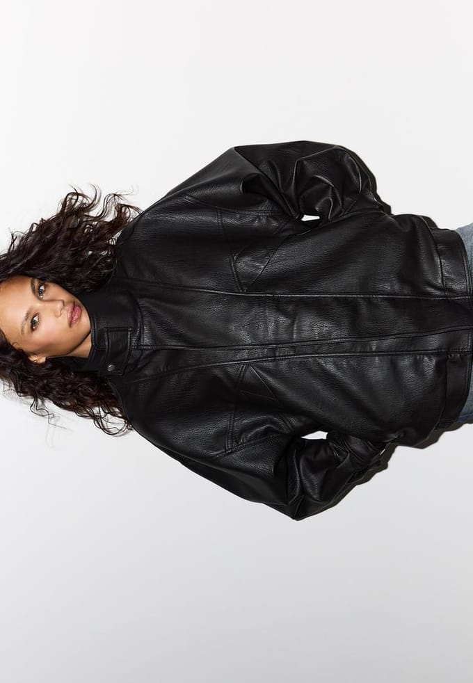 Stradivarius Oversized jas met leereffect  Zwart XS