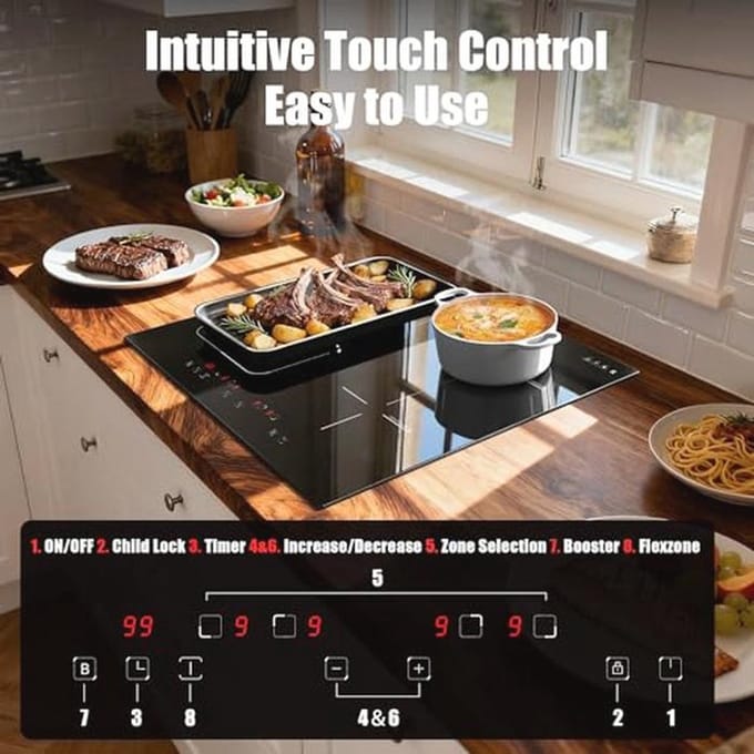 Inductiekookplaat 4 Zones met Flexzone en Touchscreen - 60 cm - Veiligheidsvergrendeling en Timer