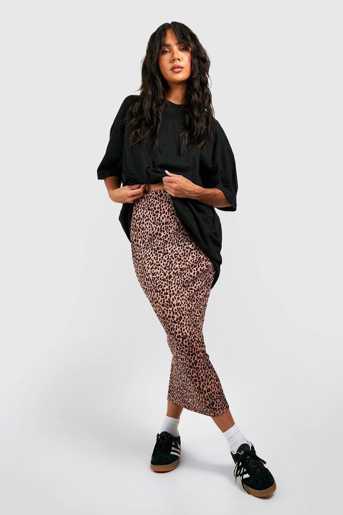 boohoo Dames Leopard Geribde Midaxi Rok | Steen | Maat: 36