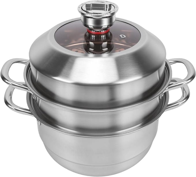 Drielaagse Stoompan - Grote Capaciteit - Gezond Koken - Met Timerfunctie - 27.5 cm - Zilver
