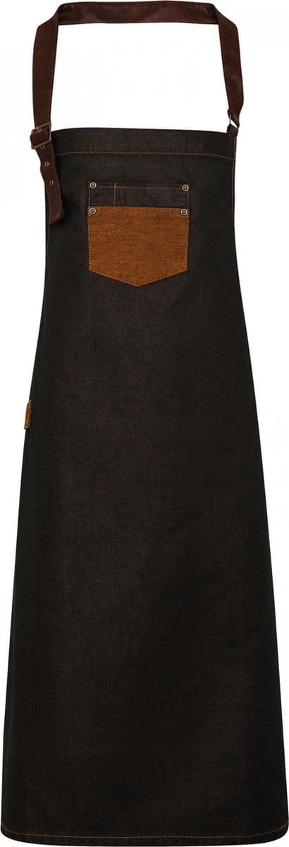 Premier Division - Waxed look denim bib apron with faux leather PR136 - Black / Tan Denim - One size