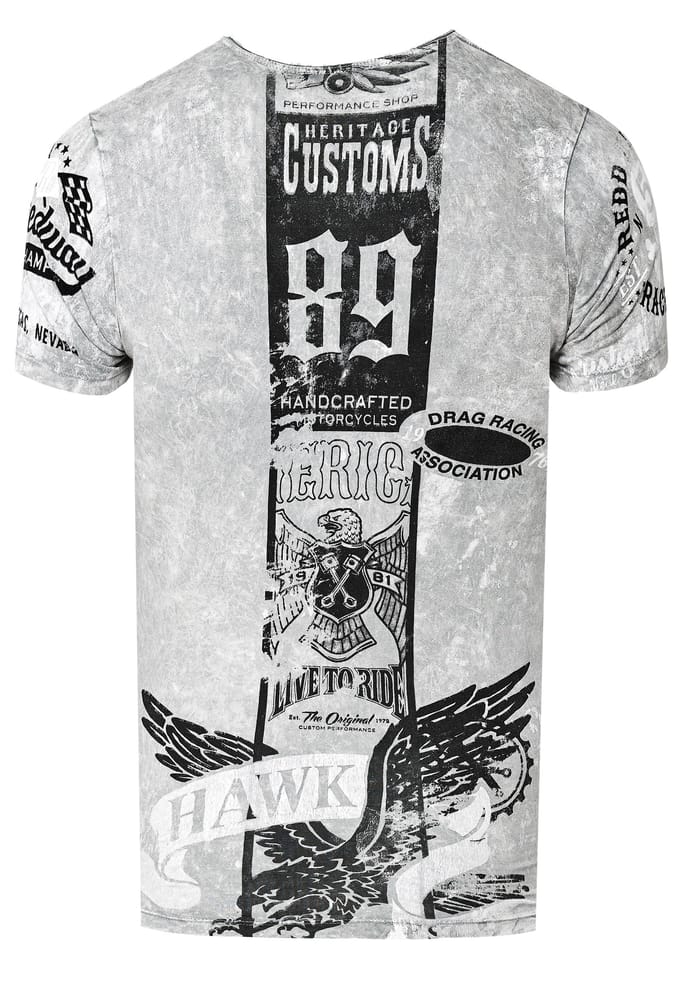 Gewassen biker T-shirt met voor- en achterkant bedrukt