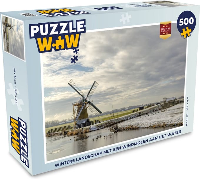 Puzzel Winters landschap met een windmolen aan het water - Legpuzzel - Puzzel 500 stukjes