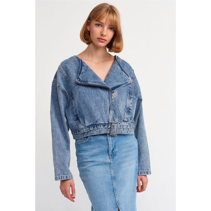 Dames Korte Met Ceintuur Denim Bikerjack