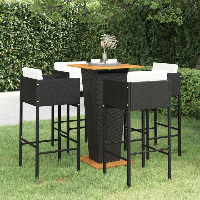 vidaXL - 5-delige - Tuinbarset - met - kussens - poly - rattan - zwart