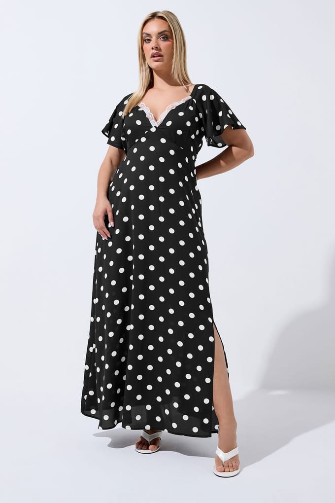 Limited Collection Zwarte Maxijurk Met Stippen En Kanten Afwerking Size 48