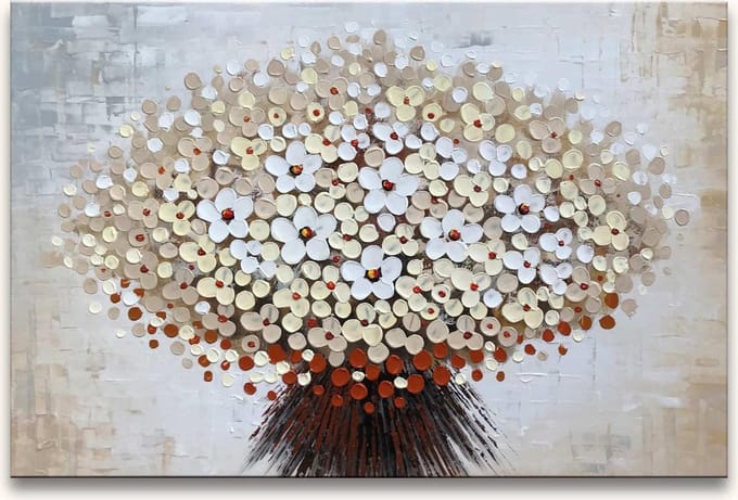 Handgeschilderd schilderij Olieverf op Canvas - Witte Bloemen