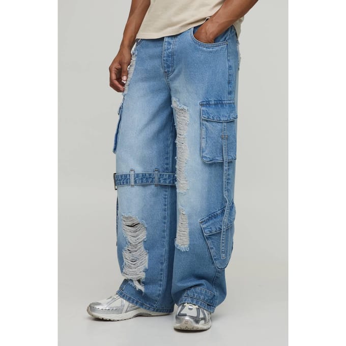 Extreme Gewassen Cargo Band Detail Baggy Jeans | Washed Blue | Size 36R