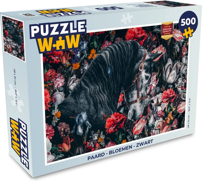 Puzzel Paard - Bloemen - Zwart - Legpuzzel - Puzzel 500 stukjes