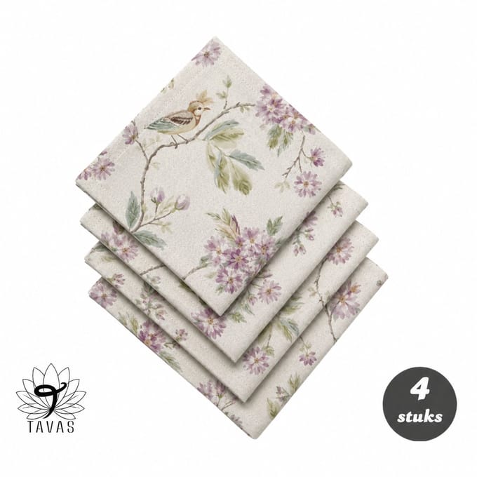 Tavas Servetten - 30 x 30 cm - Set van 4 stuks - Crèmewit - Vogel op Tak - Katoen