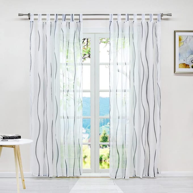 Curtains with loops, transparent loop curtain, wavy pattern, voile grey, 140 x 145 cm, 1 piece