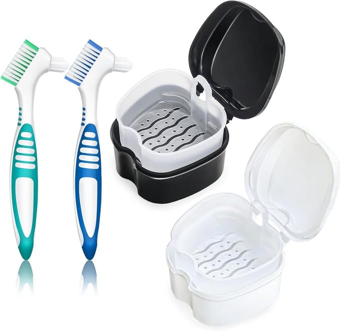Kunstgebit Badje - Retainer Houder - Hygiënisch Reinigen - Met Zeefmand - Compact Formaat - Zwart Wit
