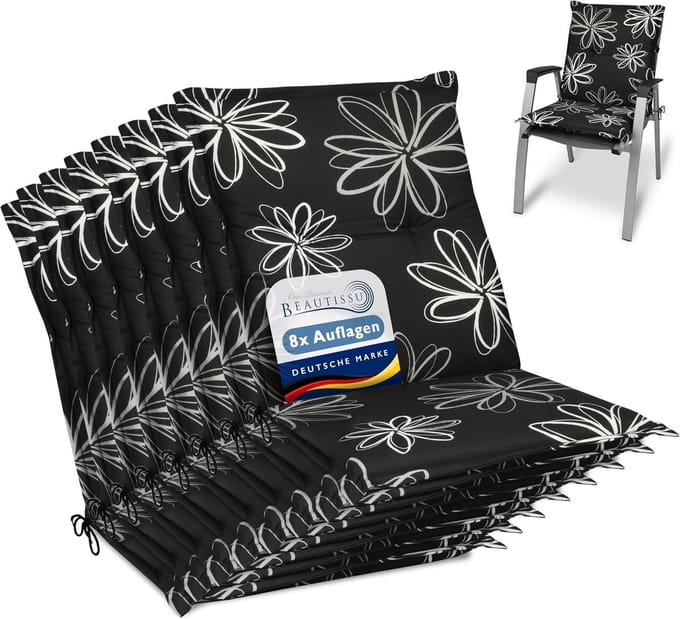 Set van 8 Tuinkussen Lage Rugleuning Bloemmotief Zwart 100x50cm UV-bestendig