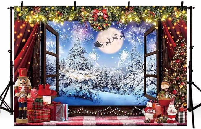 Winterse Kerst Achtergrond 240x180 cm - Sneeuwlandschap en Kerstversiering voor Fotografie