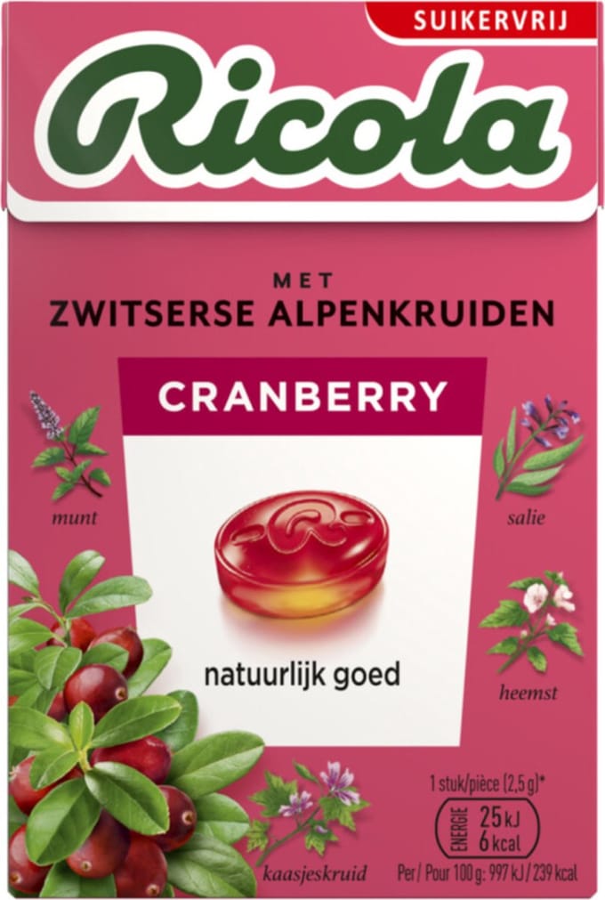 Ricola Keelpastilles Cranberry Suikervrij