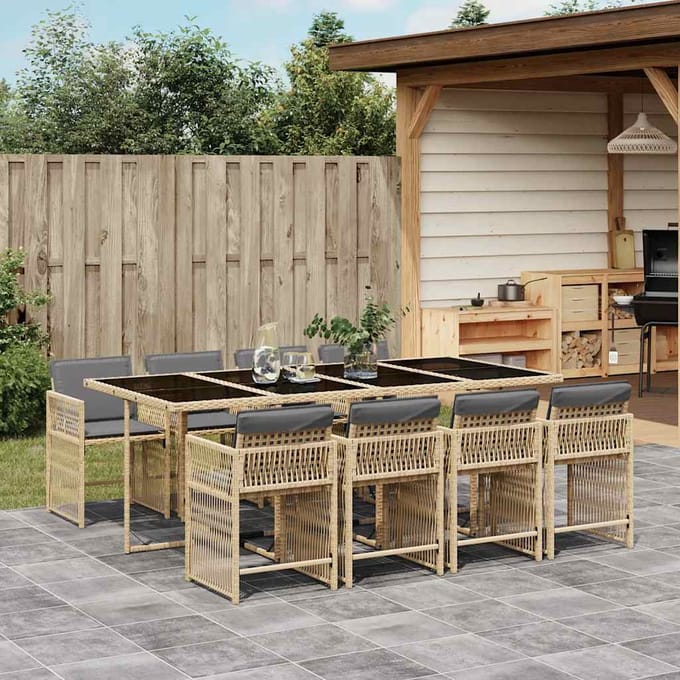 vidaXL - 9-delige - Tuinset - met - kussens - poly - rattan - gemengd - beige