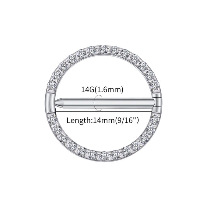 Tepelpiercing titanium cirkel met steentjes rondom 1.6x14 - zilver - LMPiercings