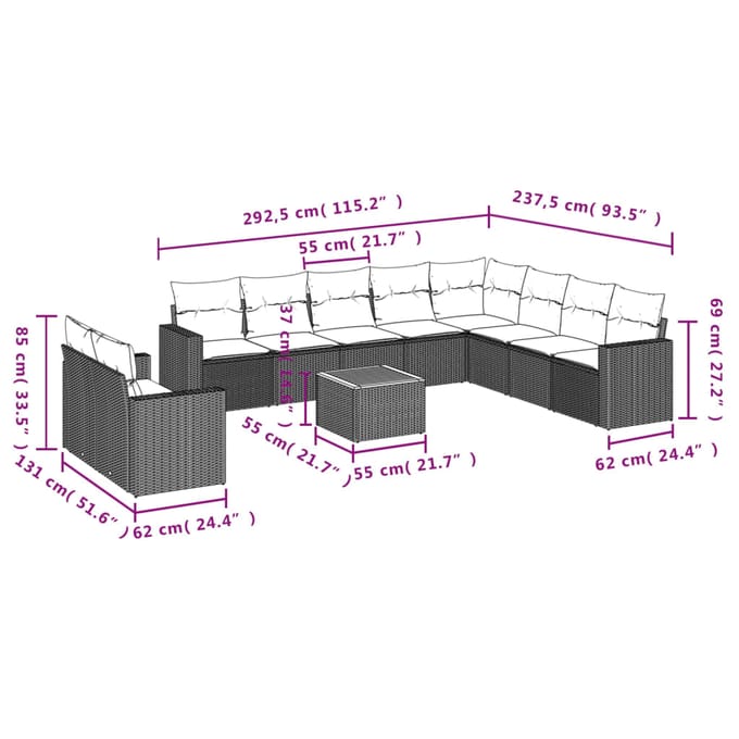 vidaXL - 11-delige - Loungeset - met - kussens - poly - rattan - grijs
