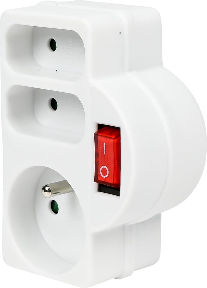 Benson Verloopstekker - 3-weg splitter met pen aarde - België & Frankrijk - 2300W - wit