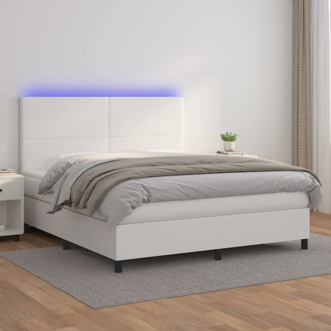 vidaXL - Boxspring - met - matras - en - LED - kunstleer - wit - 160x200 - cm
