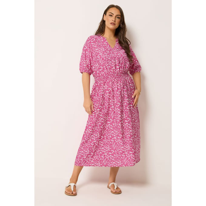 Yours Roze Jurk Met Bloemenprint En Pofmouwen Size 48