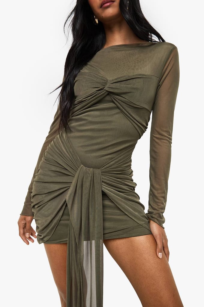 boohoo Dames Mini-jurk met mesh ruched twistdetail | Khaki | Maat: 8