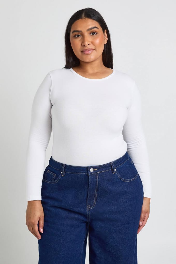 boohoo Dames Plus Basic Lange Mouwen Ronde Hals Bodysuit | Wit | Maat: 46