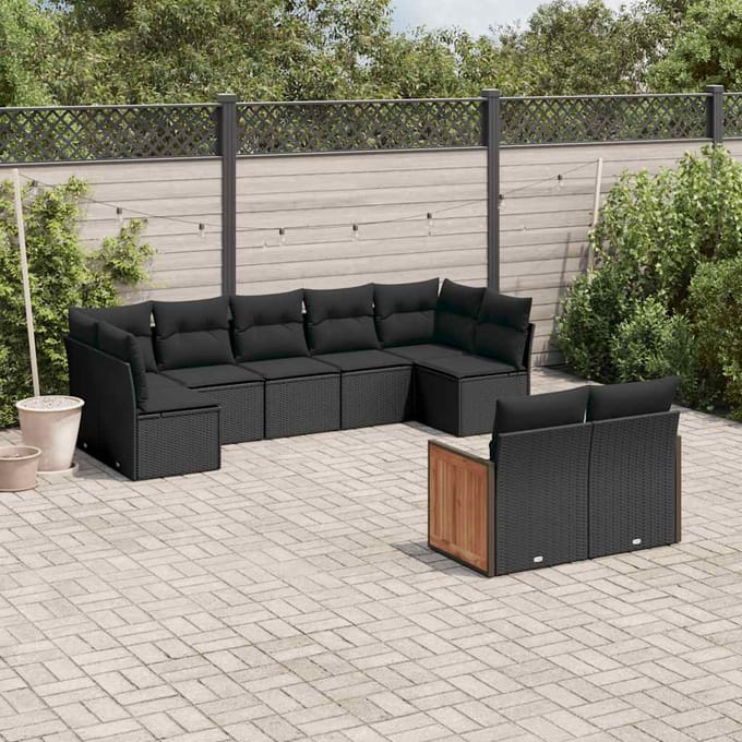 vidaXL - 9-delige - Loungeset - met - kussens - poly - rattan - zwart