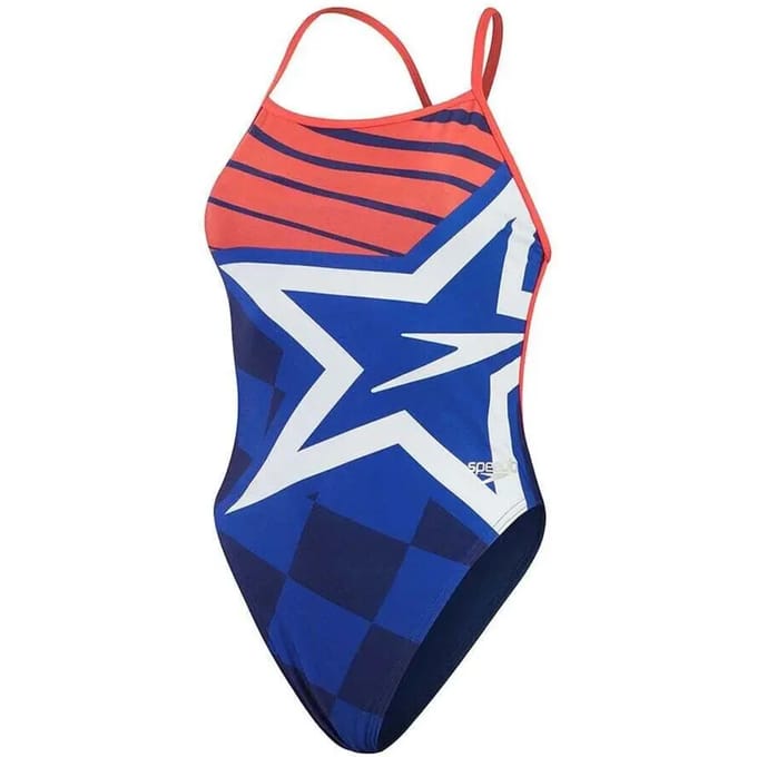Speedo Womens Placement Digital Vback Cerulean Blue, True Cobalt, Watermelon, White