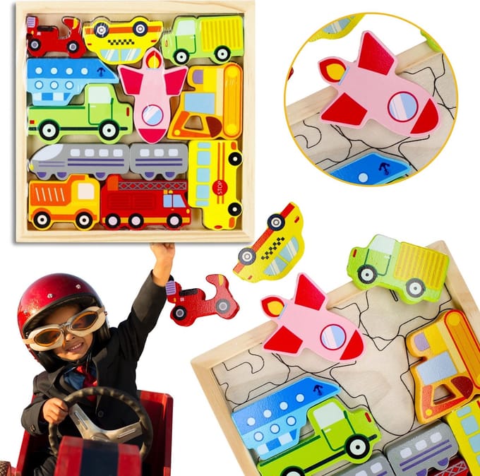 Houten puzzel "Voertuigen" voor kinderen - 12 stukken