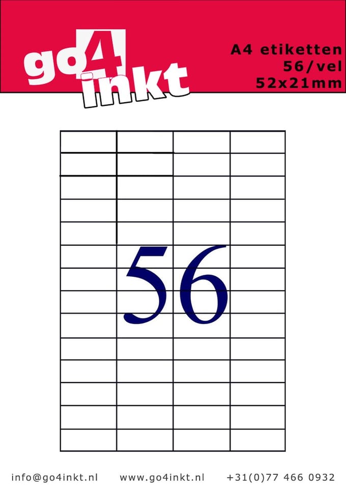 Go4inkt A4 Etiketten 56/vel 52,5mm x 21,2mm (100 vel) stickervellen wit