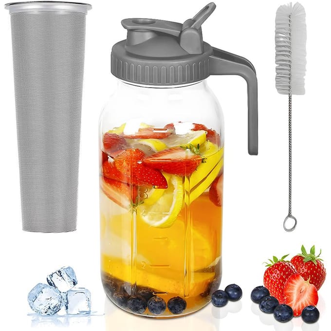 Glazen Mason Jar-werper met deksel 2 Quart (64oz / 2L) Lekvrije waterkan met brede opening en filter 32oz grijs