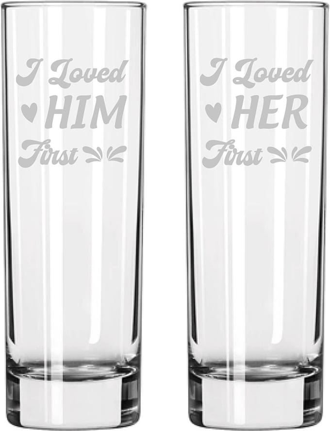 Gegraveerde set longdrinkglazen 22cl I loved her first - I loved him first