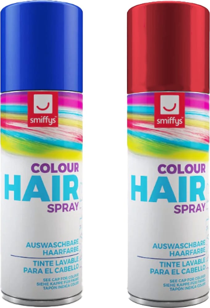 Smiffys Carnaval verkleed hoofdhaar verf/spuitspray - blauw en rood - spuitbussen - 125 ml p/st