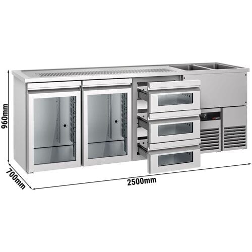 GGM Gastro Bierkoeling PREMIUM - 2500x700mm - 2 glazen deuren & 3 laden zilver